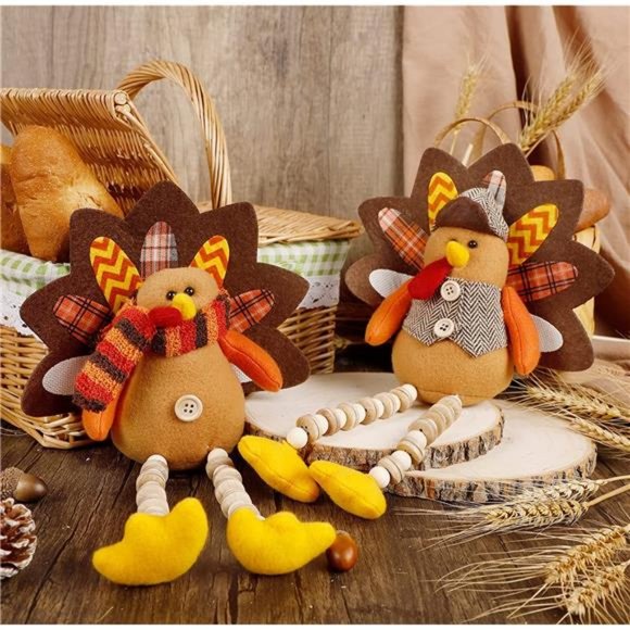 Set of 2 Turkeys with Dangling Legs, Mr and Mrs Turkey Couple Plush Tabletop - Picture 4 of 7